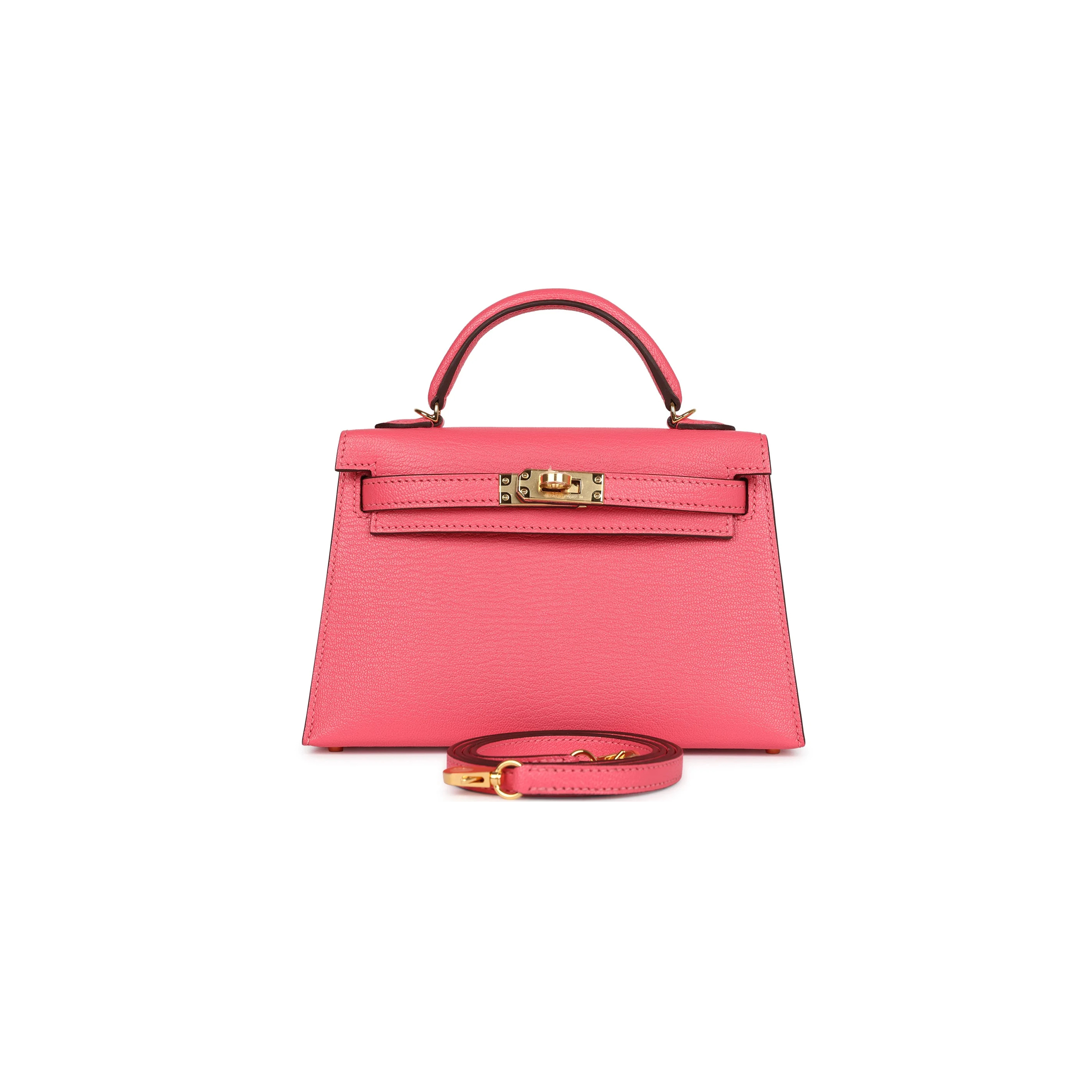 HERMÈS MINI KELLY II SELLIER ROSE AZALEE CHEVRE MYSORE GOLD HARDWARE (19*12*5.5cm) 